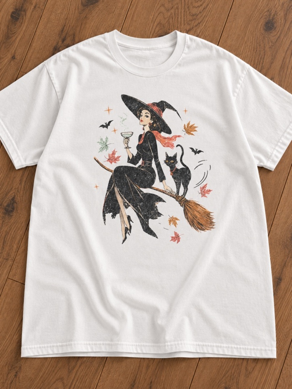 Witch on Broom with Cat Graphic White Tee